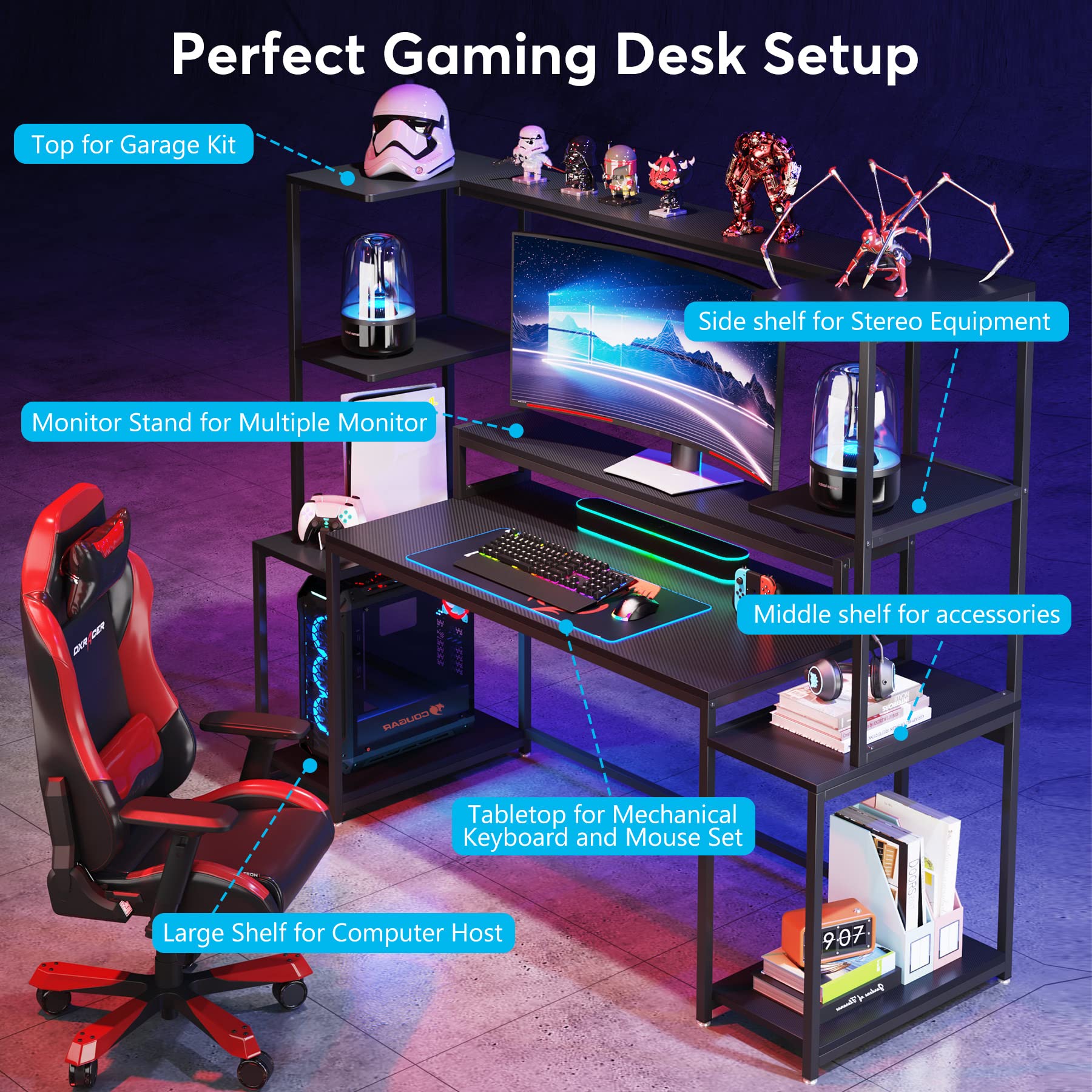 Tribesigns 70 -inch Rustic Computer Desk with Hutch and Shelf, Modern Large Gaming Desk with Monitor Stand, Gamer Table Workstation for Home Office,Carbon Fiber Desktop (Black) - WoodArtSupply