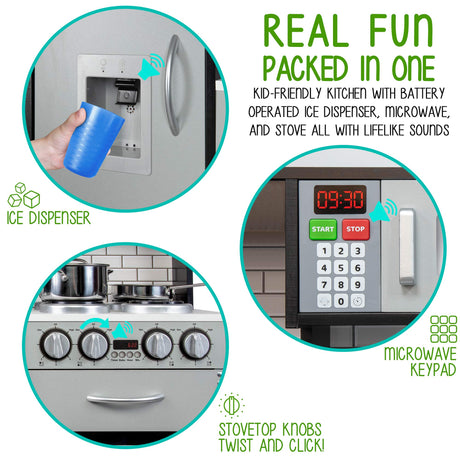 Lil' Jumbl Kids Kitchen Set, Pretend Wooden Play Kitchen, Battery Operated Icemaker & Microwave with Realistic Sound, Pots & Pan Included - Charcoal Lil' Jumbl