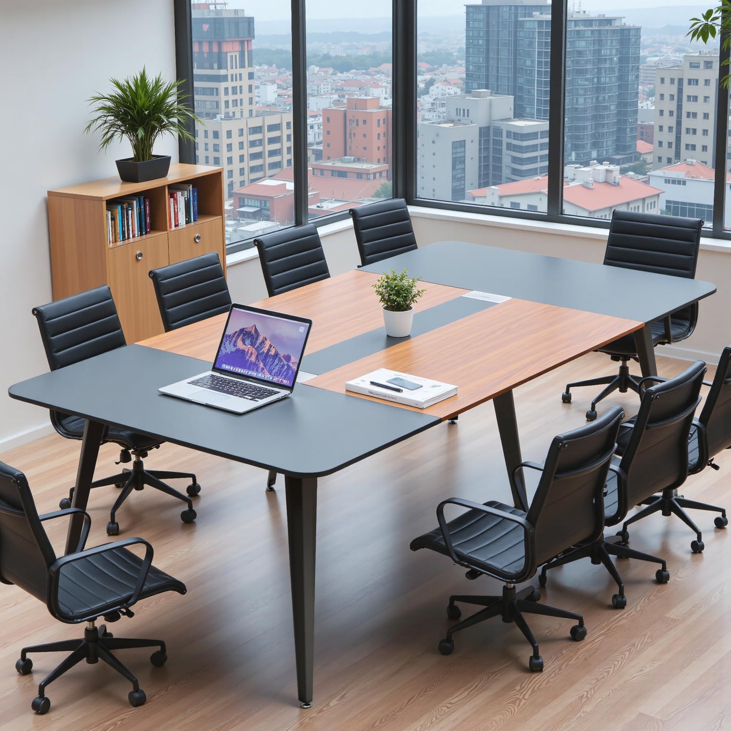 Shahoo 8FT Conference Table, Large Meeting Table with Rectangle Grommet and Metal Frame, Modern Seminar Boardroom Table for Office Conference Room, Black and Brown（94.5L*47.2W*29.9" H）