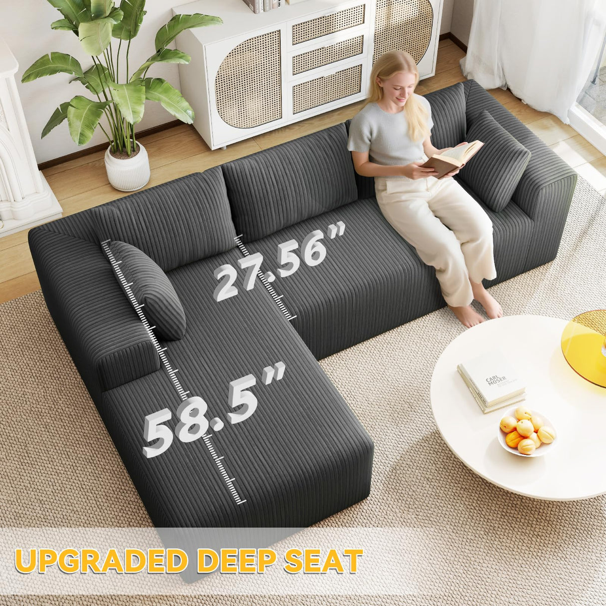 Mvpipi L-Shaped Boneless Couches for Living Room, Cloud Couch with Oversized Chaise, Modular Sectional Sofa w/Deep Seat, Corduroy Comfy Sofa, Couches for Bedroom & Apartment, No Assembly, Grey Mvpipi