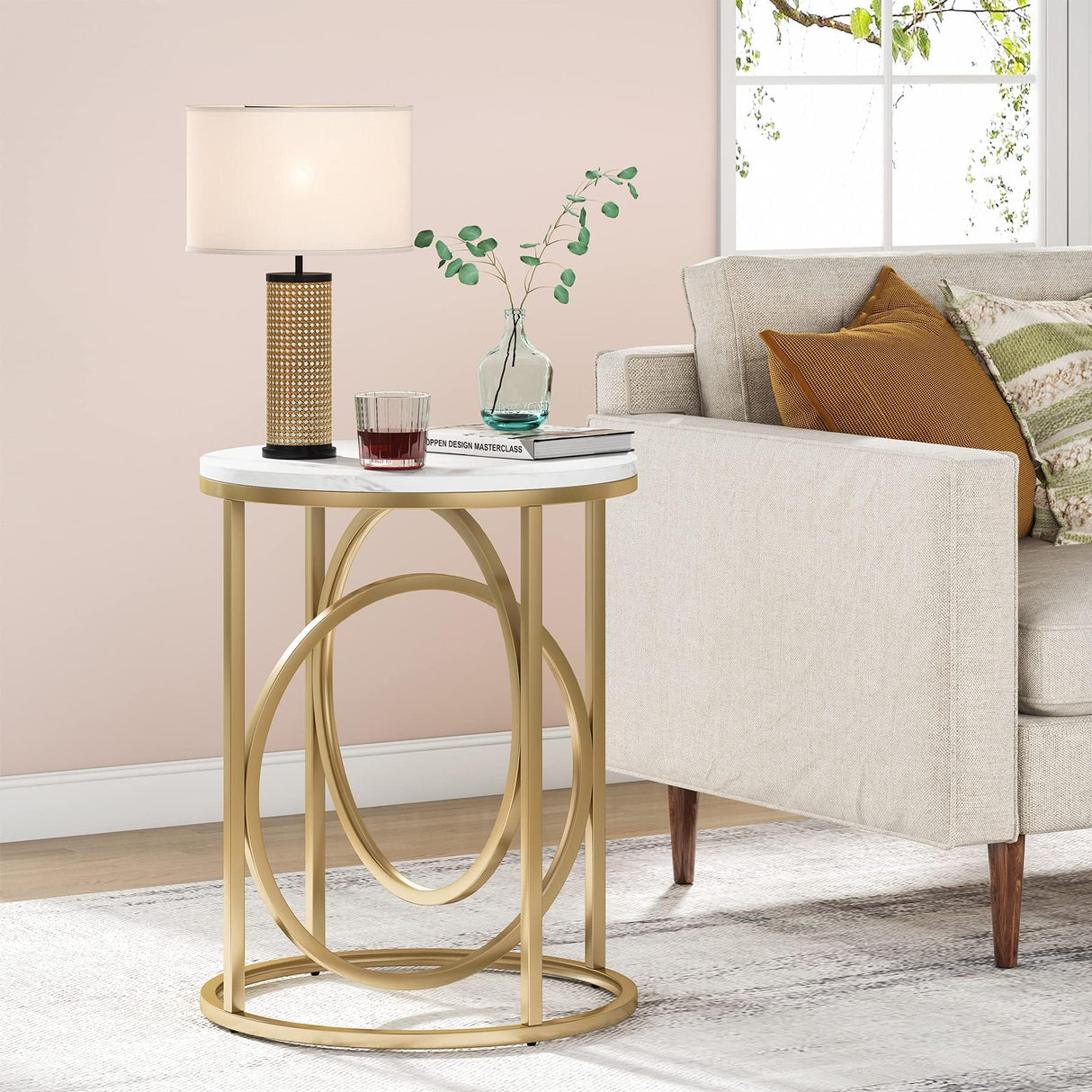 Tribesigns Gold Side Table with Marble Top, 20" Wide End Table, Modern Sofa Table w/O-Shaped Metal Base, Round Gold Accent Table, Narrow Nightstand for Bedroom, Living Room, Small Spaces Tribesigns