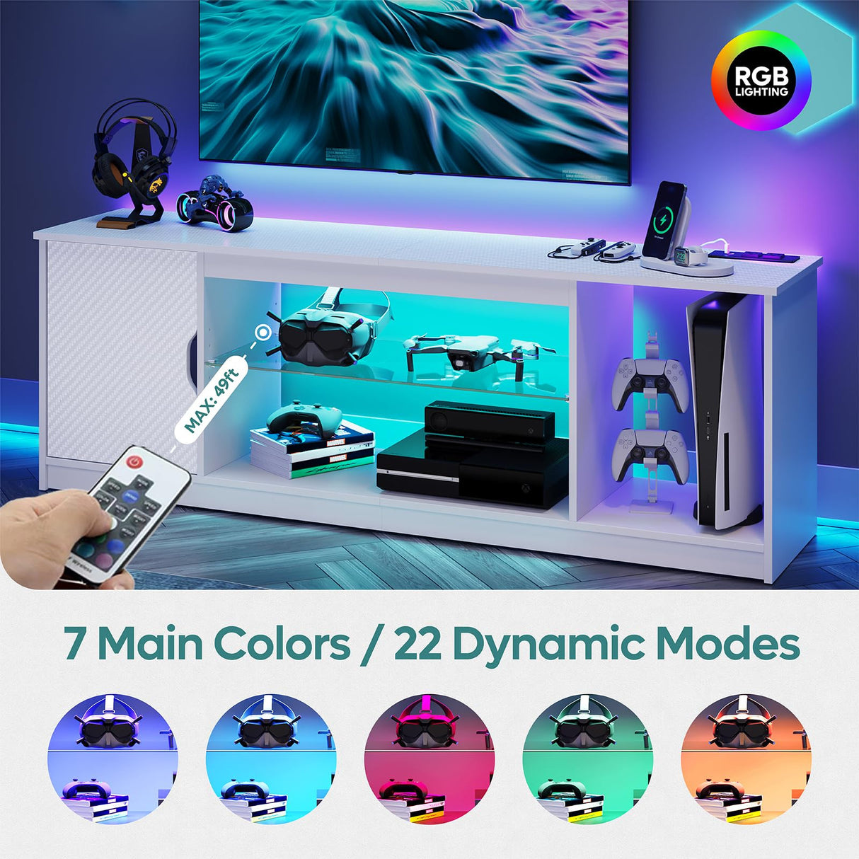 Bestier LED TV Stand with Power Outlets for 55/60/65 Inch TV, Gaming Entertainment Center with Cabinet for PS5, Modern TV Cabinet with Adjustable Glass Shelves for Bedroom 58 Inch Carbon Fiber White Bestier