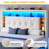 DWVO King Size Floating Bed Frame with RGB LED Lights, Bookcase Storage Headboard Beds with Charging Station, Upholstered Platform with Heavy Duty Wood Slat, No Box Spring Needed, Beige DWVO