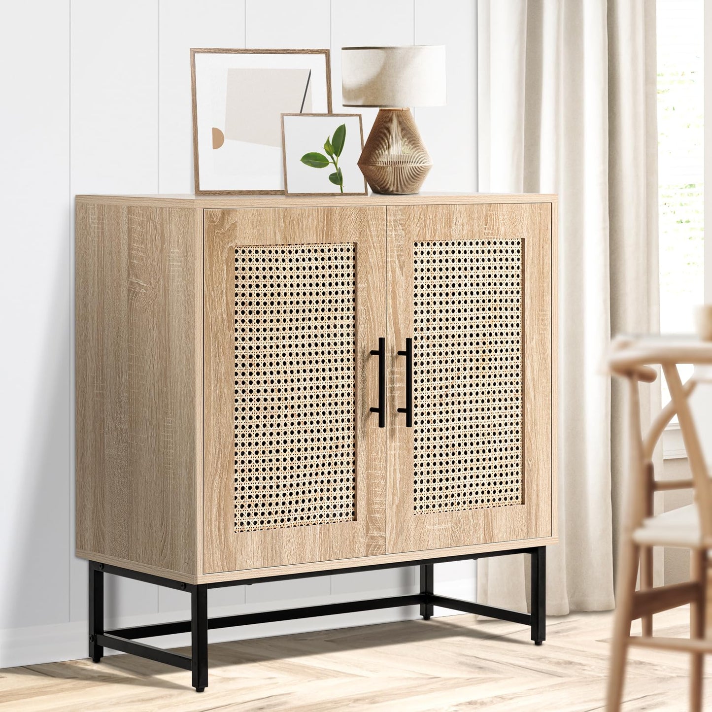 Vrullu Natural Rattan Storage Cabinet, Free Standing Buffet Cabinet, Morden Sideboard and Buffet Storage, Wood Accent Cabinet for Living Room, Hallway, Entryway, Bedroom - WoodArtSupply