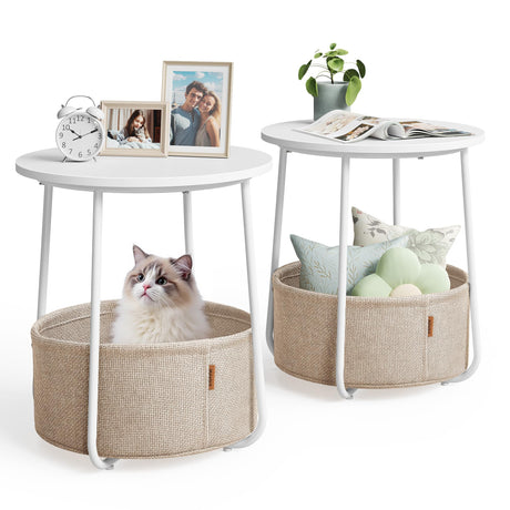 VASAGLE Nightstands, Set of 2 Small Round Side Tables with Fabric Basket, Bedside End Tables, for Bedroom, Matte White and Camel Brown ULCT665W01 VASAGLE
