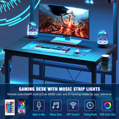 TREETALK Gaming Desk with Power Outlets & LED Strip Lights,80CM Industrial Writing Desk with Adjustable Monitor Stand, Cupholder and Headphone Hook for Home Office Black - WoodArtSupply