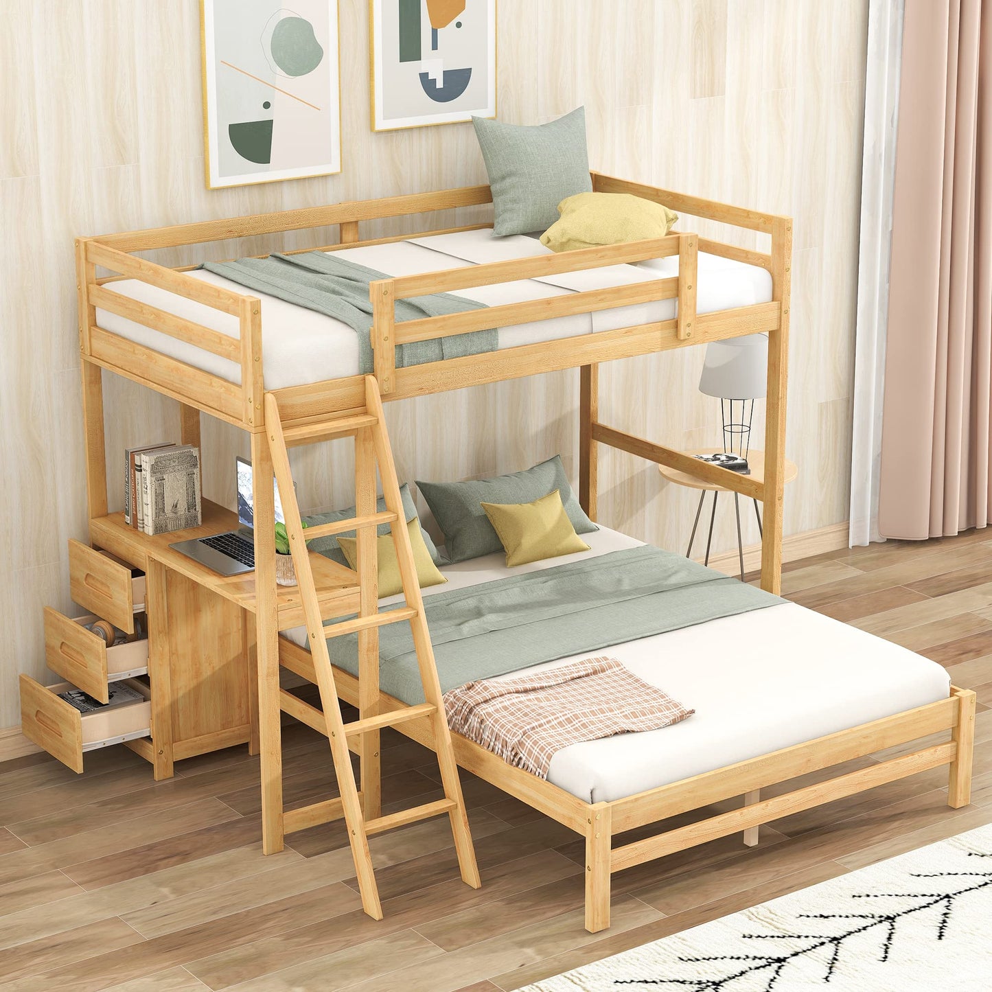 VilroCaz Twin Over Full Bunk Bed with Built-in Desk and Nightstand in Natural Finish - WoodArtSupply