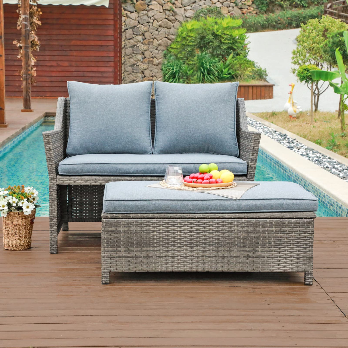 OC Orange-Casual 2-Piece Outdoor Patio Furniture Wicker Love-seat and Coffee Table Set, with Built-in Storage Bin, Grey Rattan, Grey Cushions OC Orange-Casual
