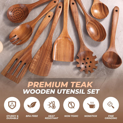 AIUHI Teak Wood Kitchen Utensil Set, 9-Piece Wooden Spoons for Cooking, Wooden Spoons Spatula for Cooking-Non-stick, Durable & Heat Resistant - WoodArtSupply