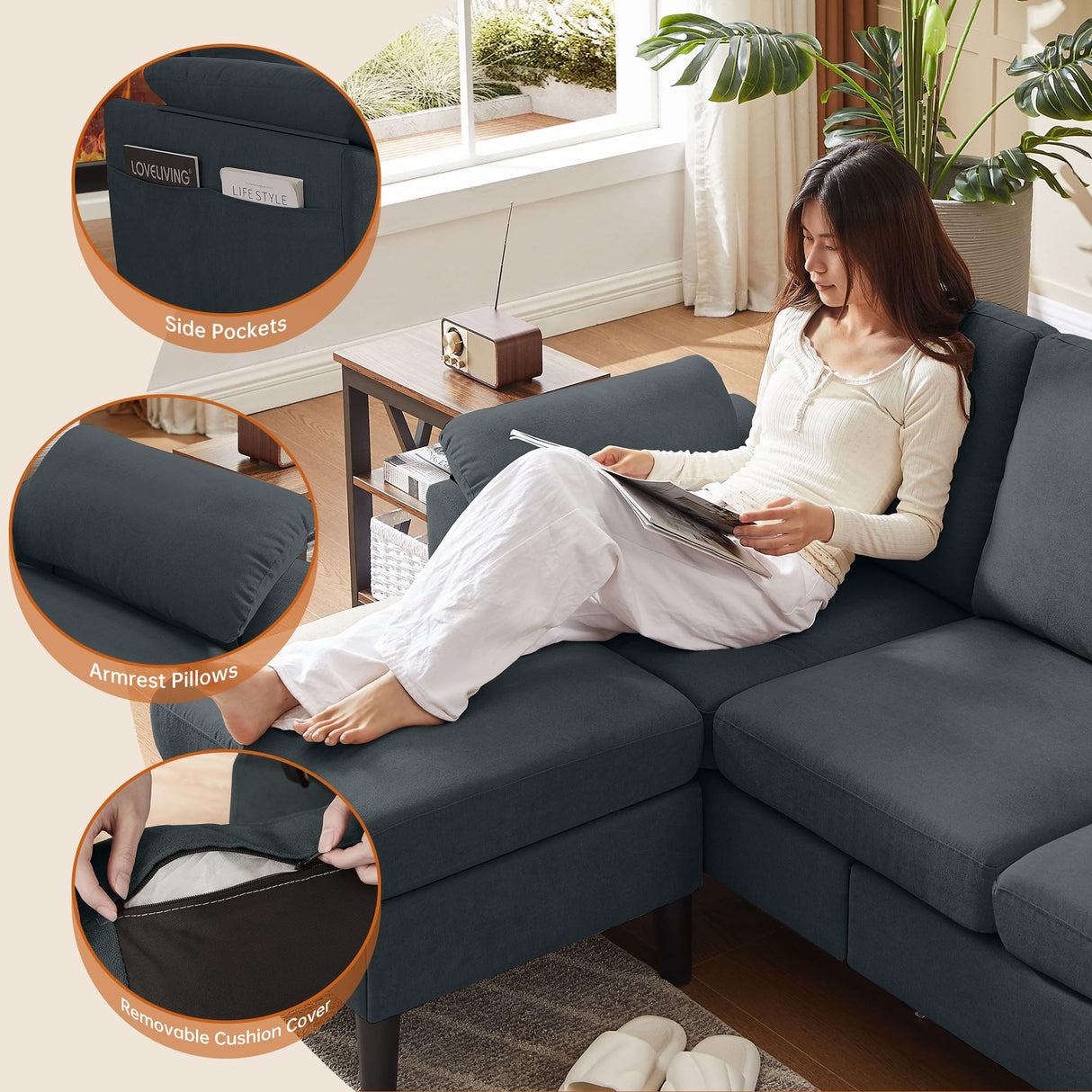 Enobala 79" Convertible Sectional Sofa, Modern L Shaped 3 Seat Couch with Reversible Ottoman for Living Room (#Dark Grey) Enobala