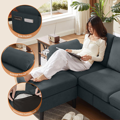 Enobala 79" Convertible Sectional Sofa, Modern L Shaped 3 Seat Couch with Reversible Ottoman for Living Room (#Dark Grey) Enobala