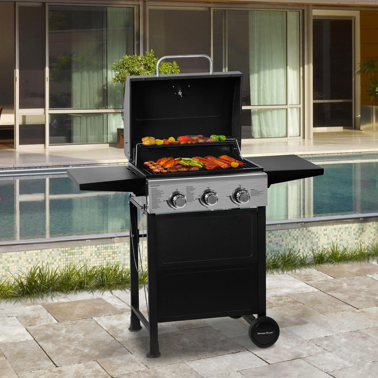 MASTER COOK 3 Burner BBQ Propane Gas Grill, Stainless Steel 30,000 BTU Patio Garden Barbecue Grill with Two Foldable Shelves MASTER COOK