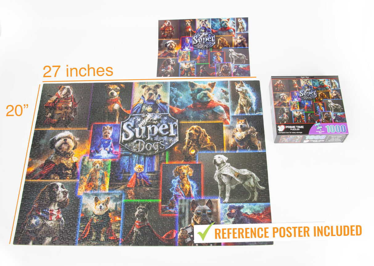 Funny Superhero Dog Puzzle - 1000 Piece Collage Jigsaw Puzzle - Precision Cut Vibrant, Glare-Free Imagery | Great for Adults & Kids - Cute and Colorful Puzzle for Family Game Nights (Super Dogs) Prime TIme Puzzles