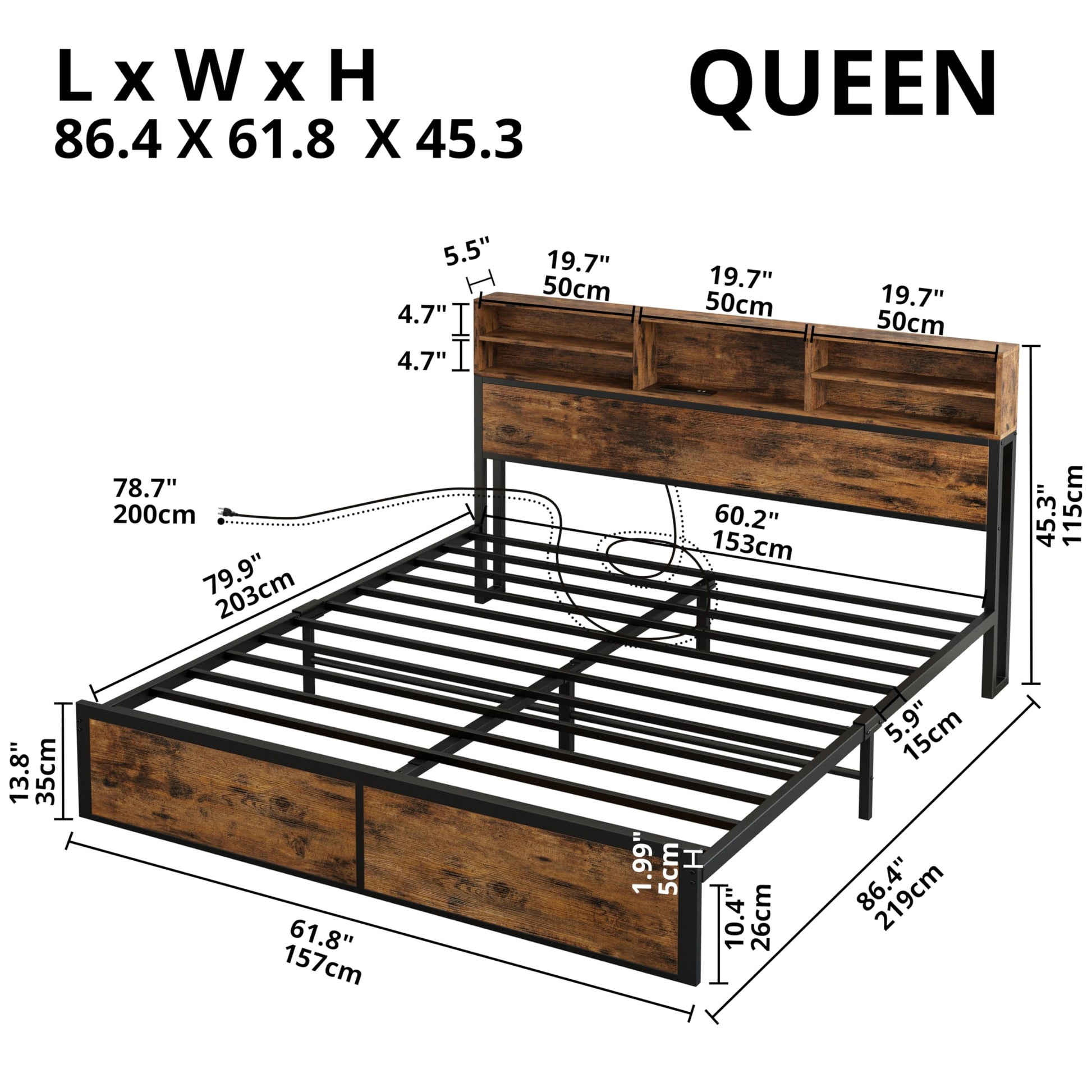 LIKIMIO Vintage Brown Queen Bed Frame with Bookcase Headboard and Charging Station - WoodArtSupply