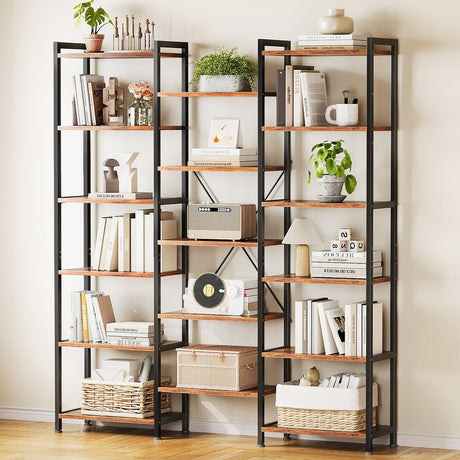 Casaottima Triple 6 Tier Bookshelf, Large Bookcase with 17 Open Display Shelves, Modern Industrial Book Shelves Book Case for Bedroom, Wide Standing Shelving Unit for Living Room Home Office, Vintage Casaottima