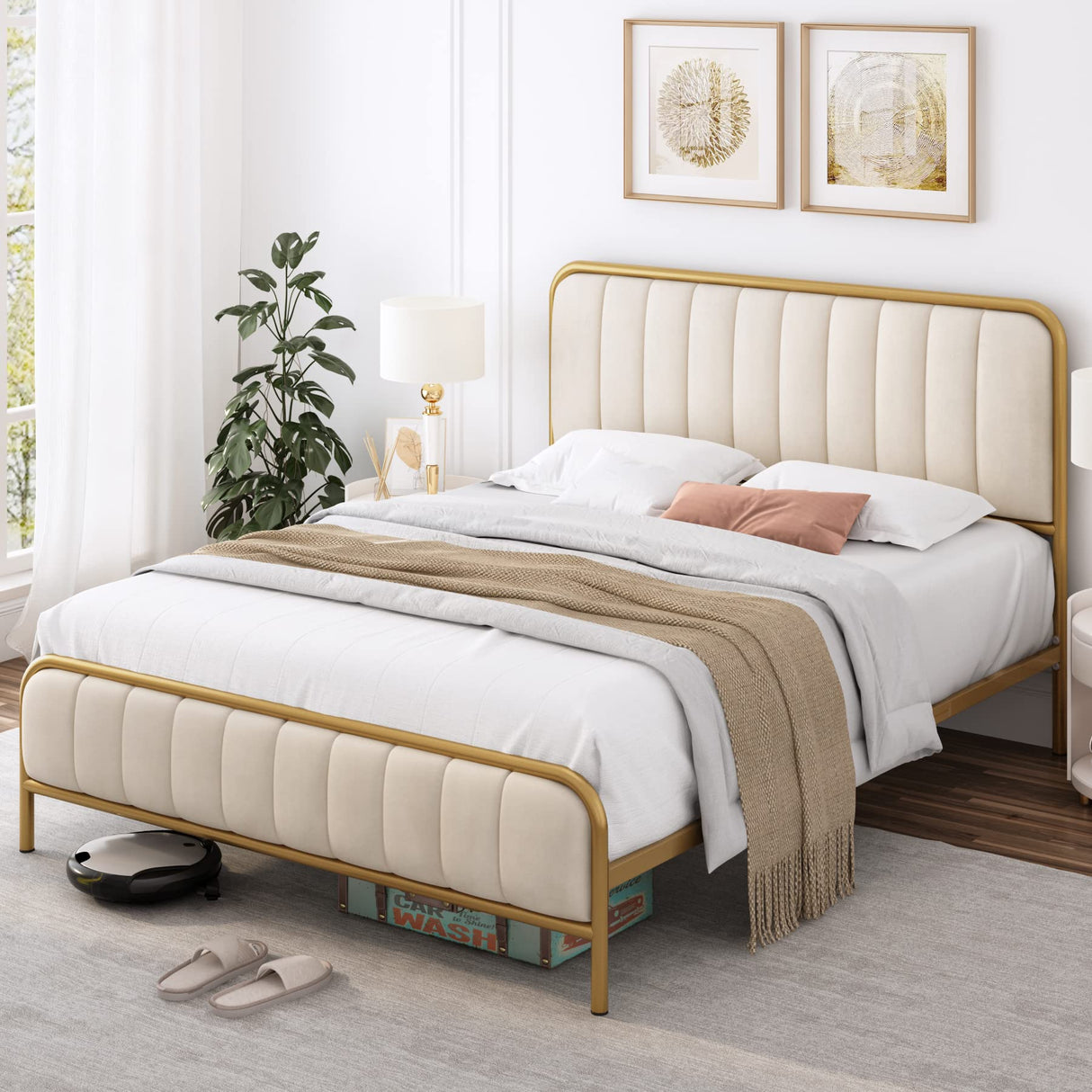 HITHOS Full Size Bed Frame with Button Tufted Headboard, Upholstered Heavy Duty Metal Mattress Foundation with Wooden Slats, Easy Assembly, No Box Spring Needed (Golden/Off White, Full) HITHOS