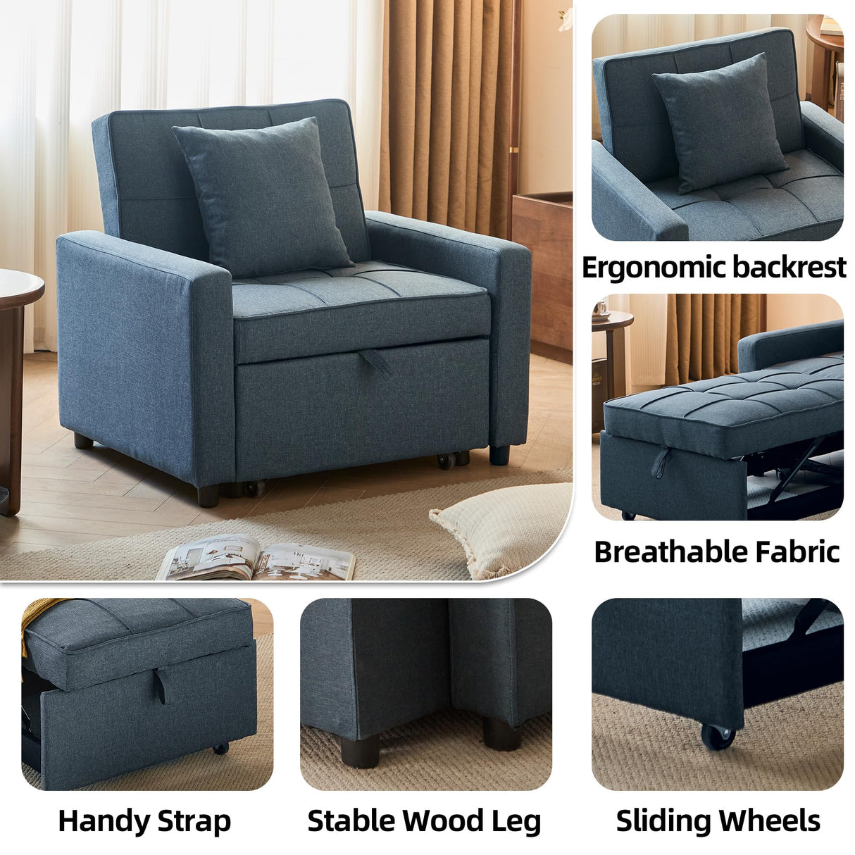 Yosonch Sofa Bed Chair Convertible ，Sleeper Sofa with Pull-Out Bed ，3-in-1 Futon Couch with Reclining Backrest and Side Pocket (Blue, 35.6‘) Yosonch