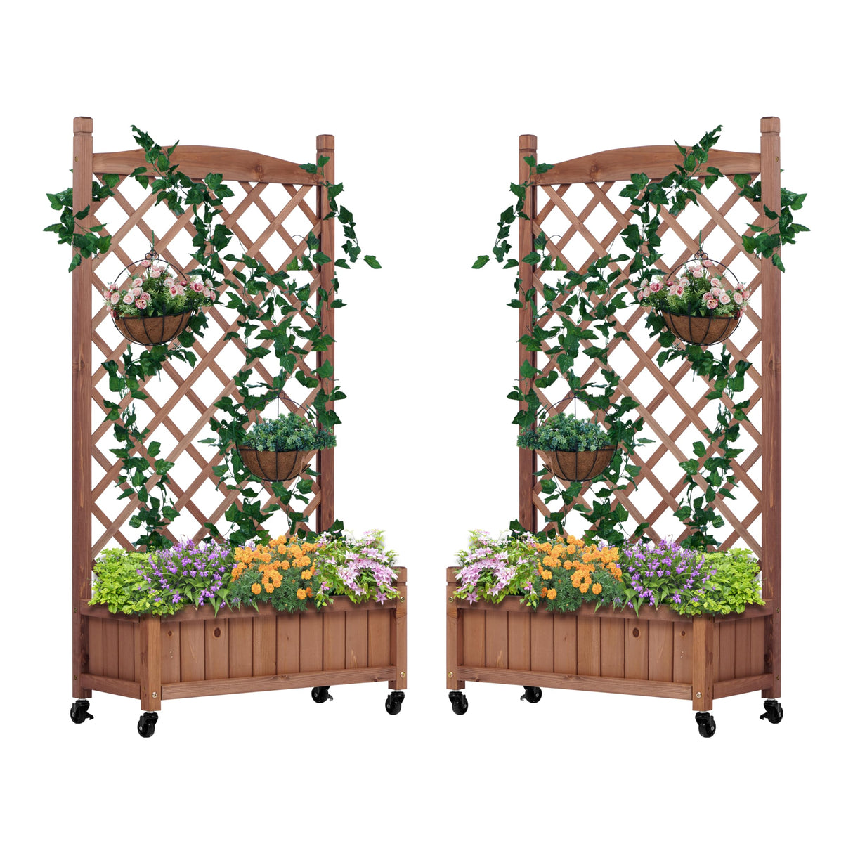 Raised Garden Bed with Trellies 2 Pack, Outdoor Wooden Planter Box & Plant Stand with Climbing Racks Wood-Natrl