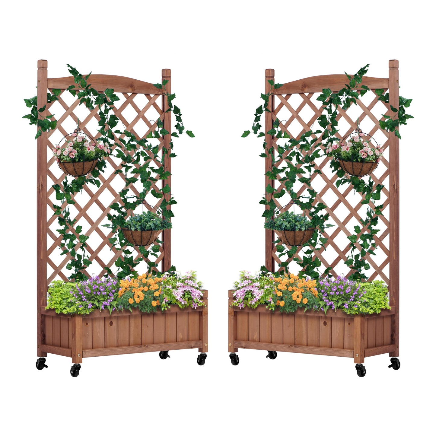 Raised Garden Bed with Trellies 2 Pack, Outdoor Wooden Planter Box & Plant Stand with Climbing Racks