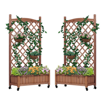 Raised Garden Bed with Trellies 2 Pack, Outdoor Wooden Planter Box & Plant Stand with Climbing Racks