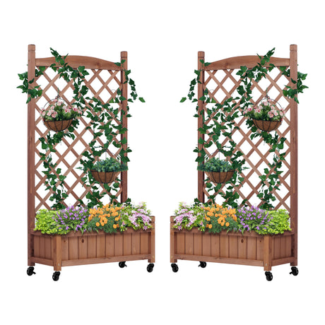 Raised Garden Bed with Trellies 2 Pack, Outdoor Wooden Planter Box & Plant Stand with Climbing Racks Wood-Natrl