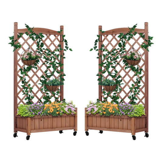 Raised Garden Bed with Trellies 2 Pack, Outdoor Wooden Planter Box & Plant Stand with Climbing Racks