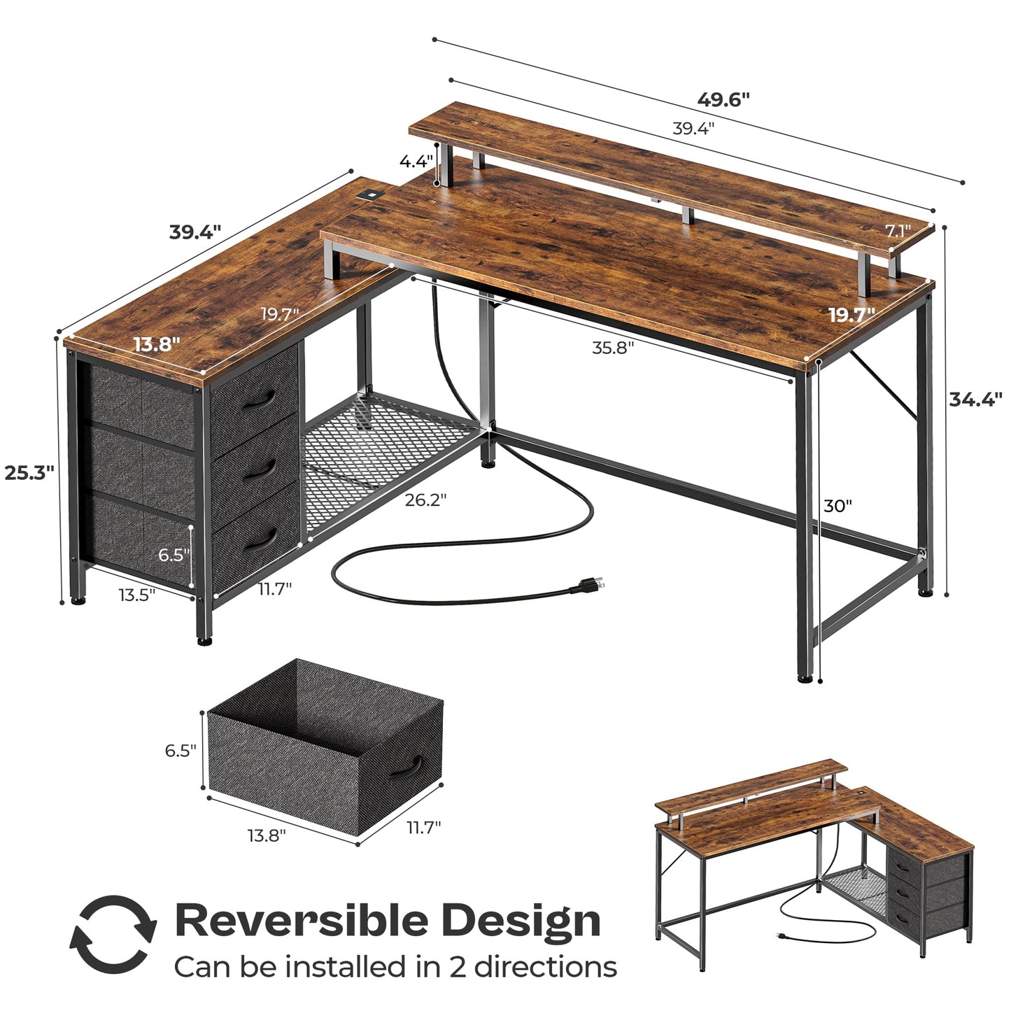 Huuger Rustic Brown Reversible L Shaped Gaming Desk with LED Lights and Storage Drawers - WoodArtSupply