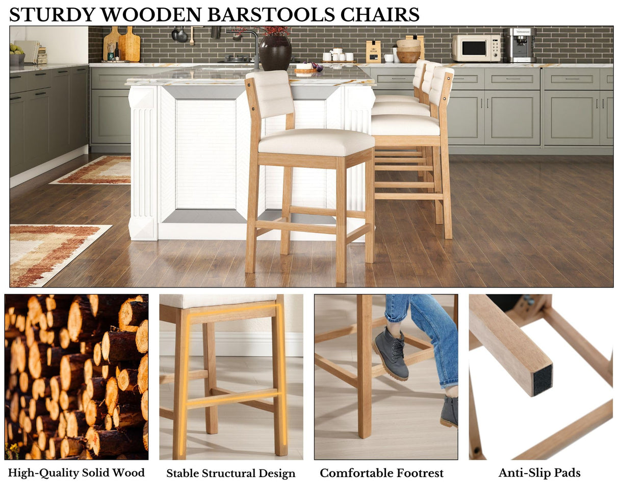 26.5'' Tall Bar Stools Set of 4 Modern Counter Stools with Backs Beige Linen Upholstered Bar Height Chairs Counter Height Island Stools with Wood Frame Farmhouse Wooden Barstools for Kitchen Island HNY