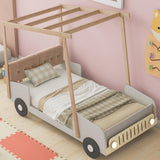 Harper & Bright Designs Twin Size Kids Car Bed with Pillow, Ceiling Cloth and LED Light, Twin Playhouse Bed Frame, Kids Canopy Bed, Wood Twin Platform Bed for Kids Boys Girls Teens (Natural, Twin) Harper & Bright Designs