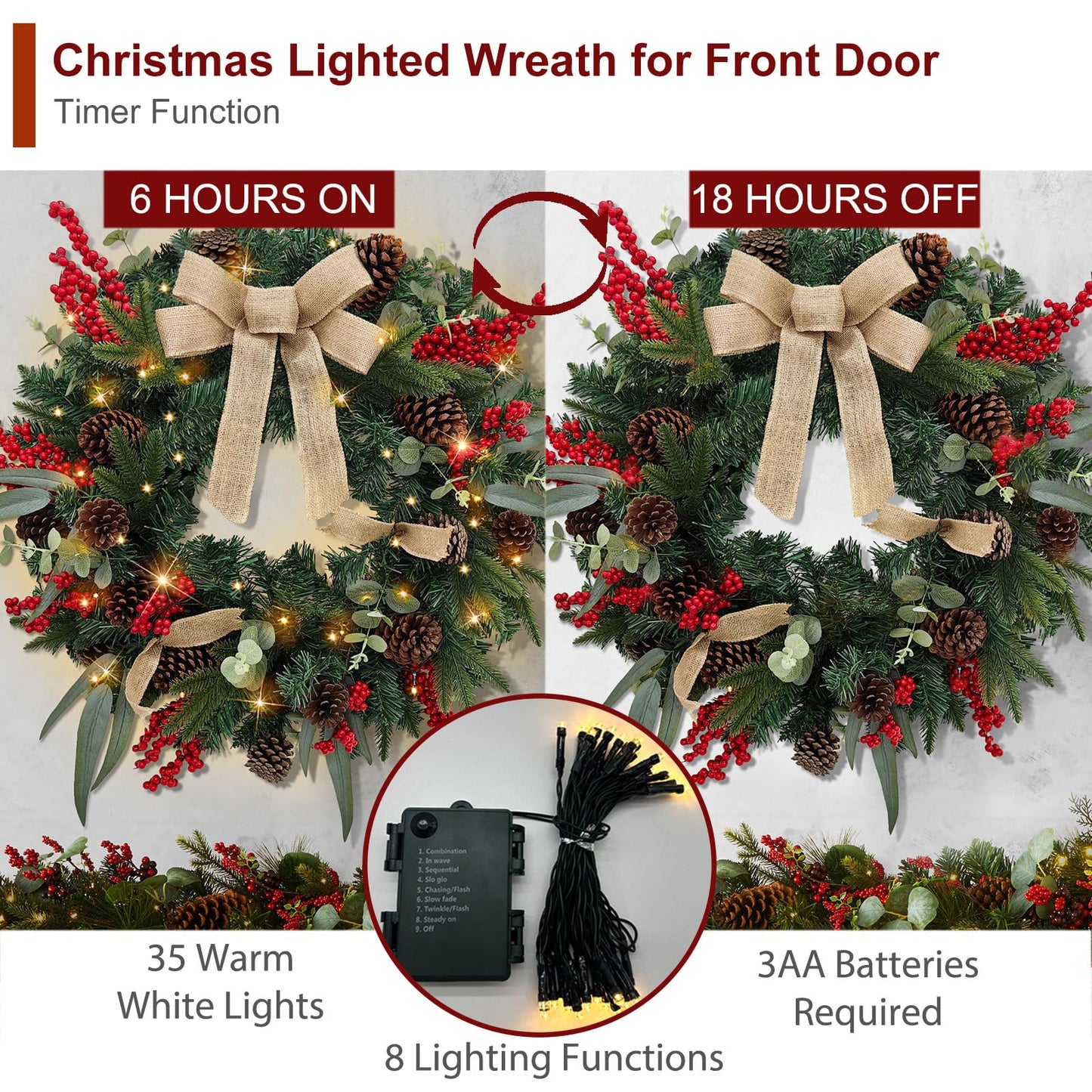 Christmas Lighted Wreath for Front Door, 28 Inches Pre-Lit 35 LED Lights, Natural Pine Cones Artificial Holiday Wreath for Indoor Outdoor Home Decorations