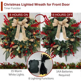 Christmas Lighted Wreath for Front Door, 28 Inches Pre-Lit 35 LED Lights, Natural Pine Cones Artificial Holiday Wreath for Indoor Outdoor Home Decorations BAYN