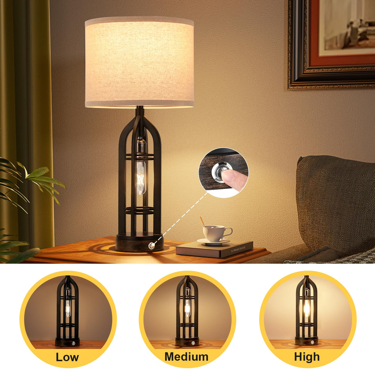 Table Lamp for Living Room - Lamps Set of 2 with USB C+A & Outlet, 3-Way Dimmable Farmhouse Lamps for Night Stands, Rustic Bedside Lamp for End Tables, Industrial Nightstand Lamps for Bedroom Seealle