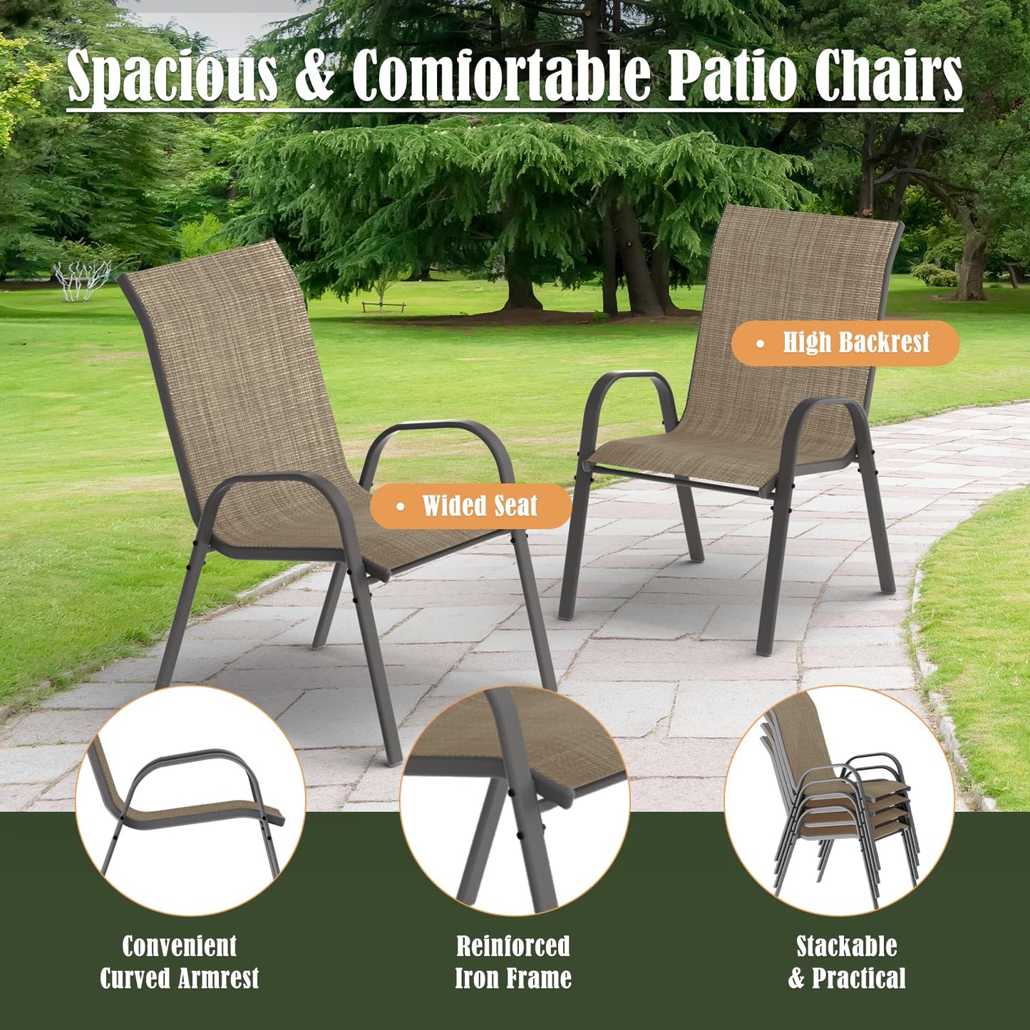 Amopatio Outdoor Dining Set of 5, Patio Table and Chairs Set, Textured Glass Tabletop, 4 Stackable Patio Chairs, Patio Furniture, Balcony, Porch, Lawn- Brown - WoodArtSupply