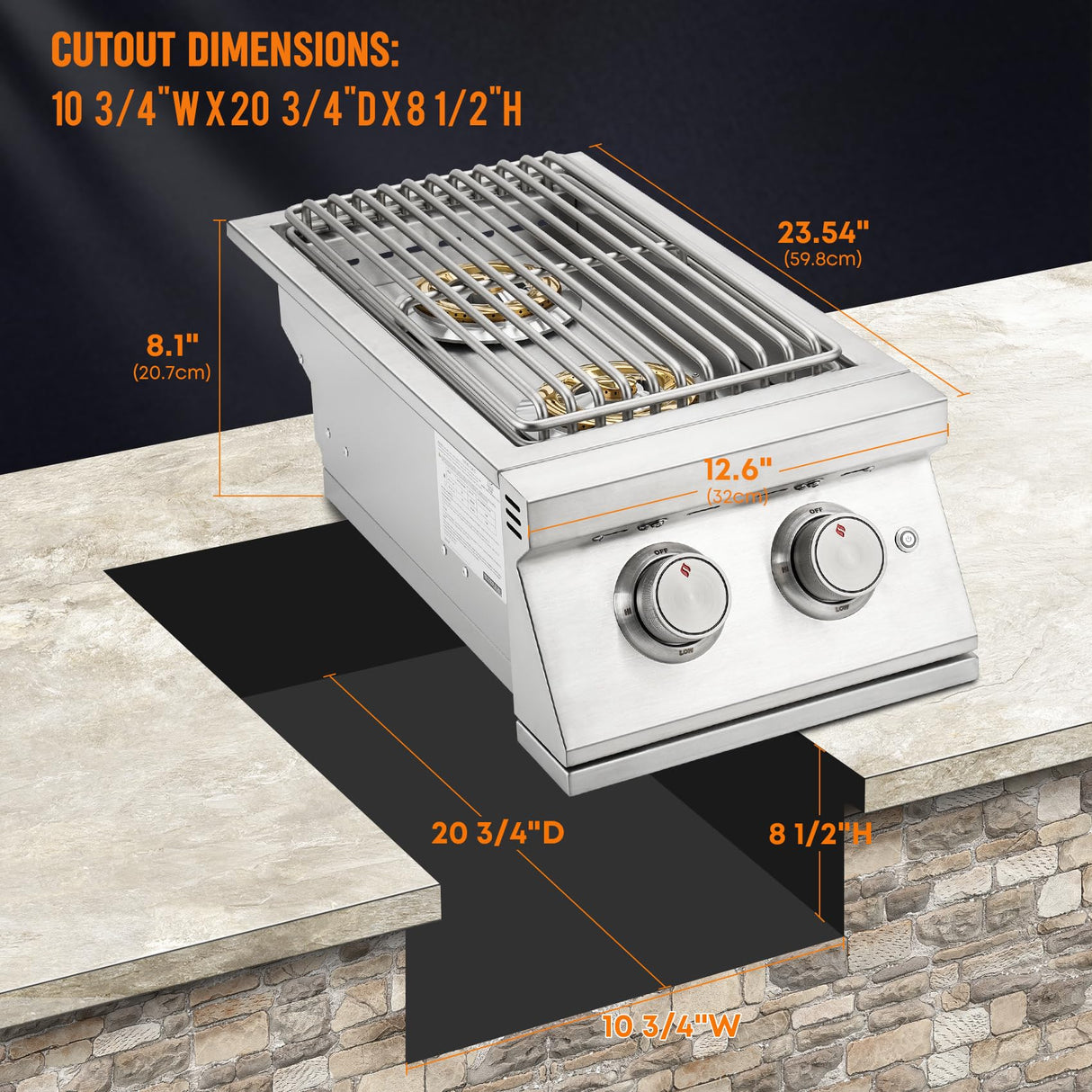 Hygrill 24,000BTU Liquid Propane Double Side Burner, Built In Double Grilling Side Burners for Outdoor Kitchen, Outdoor BBQ Grill Island Stanbroil