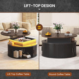 Itaar 31.5" Lift Top Coffee Table, 3-Tier Round Coffee Table with Storage, Fluted Coffee Tables for Living Room with Sliding Cabinet Door, LED Center Table, Black Itaar