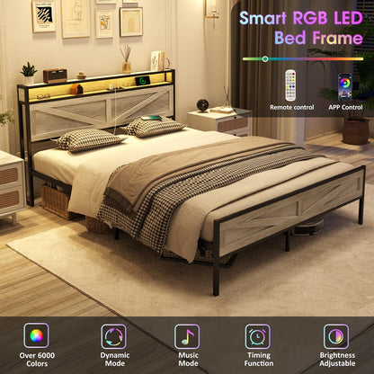 Halitaa Queen Size Bed Frame with LED Lights and Charging Station in Antique White - WoodArtSupply