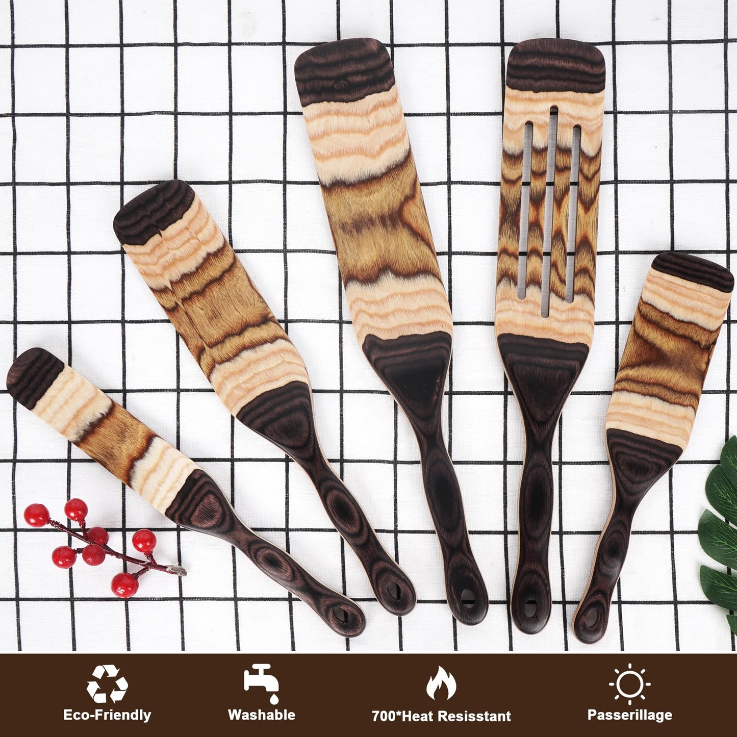 Spurtle Set, Wooden Utensils for Cooking, Kitchen Utensils Set, Pakkawood Kitchen Cooking Utensils Set, Apartment Essentials Wood Serving Spatula spoon, Home & kitchen Gift for Women & Men