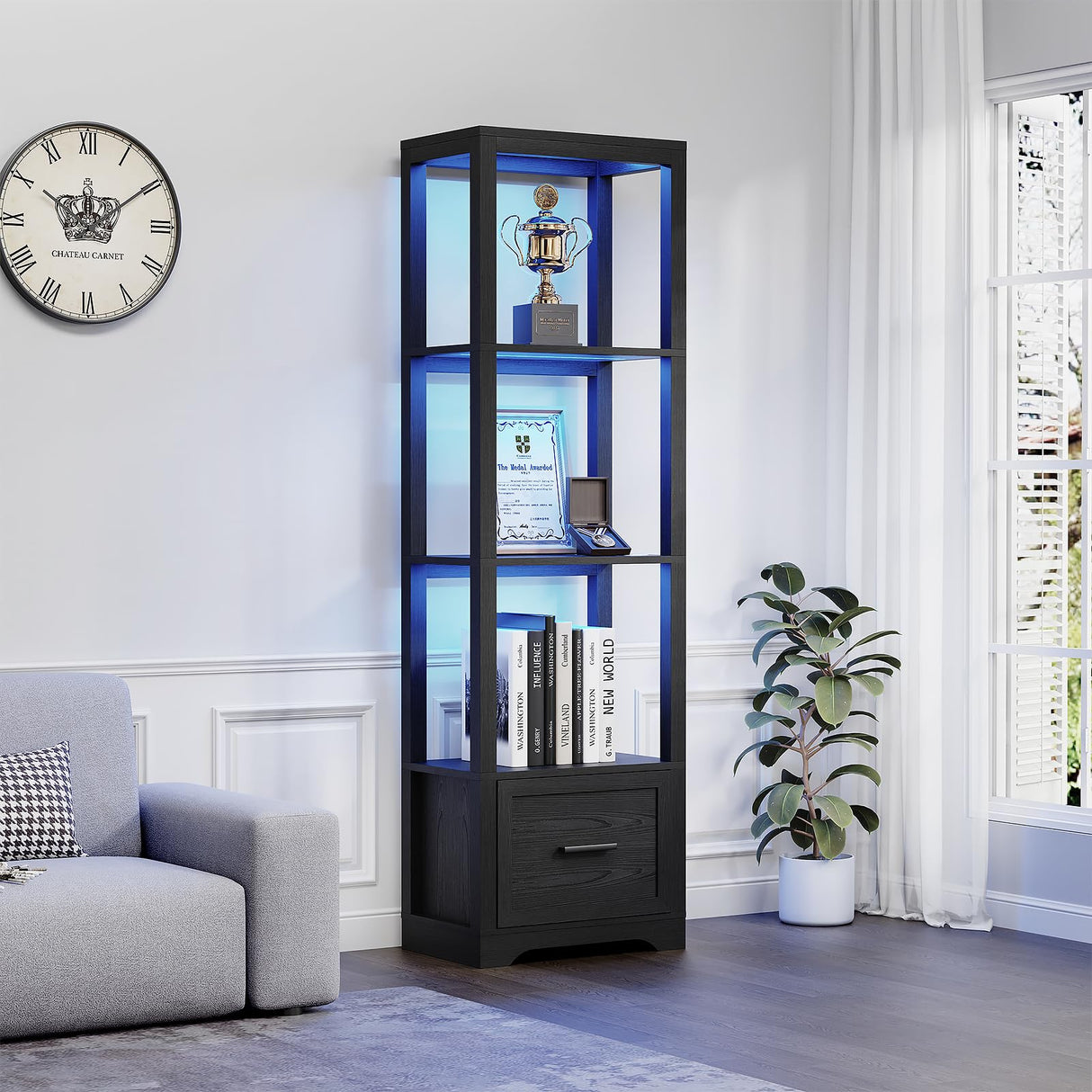BROTTAR Display Shelf with 3 Color Light, Bookshelf with Drawer, Dimmable LED Floor Lamp with Shelves, Display Case, Display Standing Shelf Unit for Bedroom, Living Room, Black BROTTAR