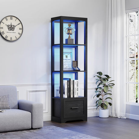 BROTTAR Display Shelf with 3 Color Light, Bookshelf with Drawer, Dimmable LED Floor Lamp with Shelves, Display Case, Display Standing Shelf Unit for Bedroom, Living Room, Black BROTTAR