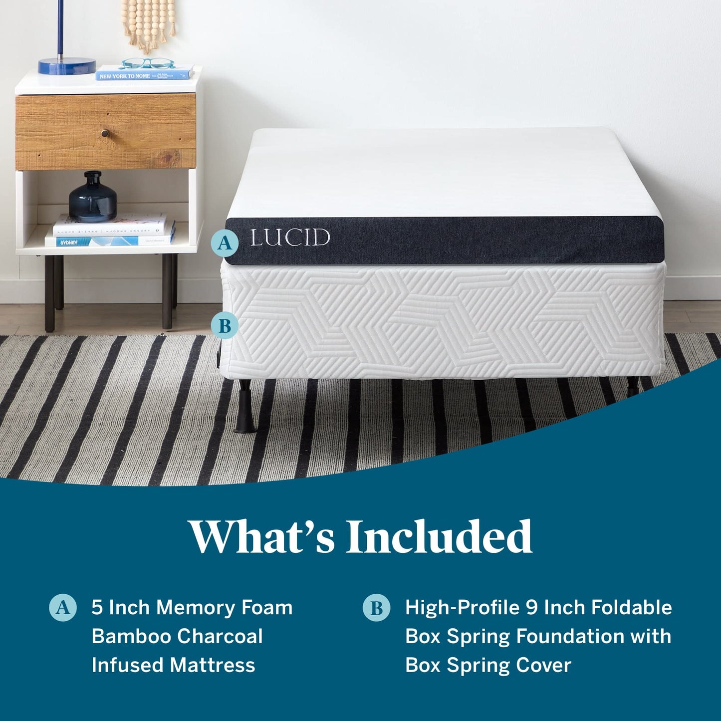 LUCID 5 Inch Memory Foam Bamboo Charcoal Mattress and 9 Inch Steel Foldable Queen Box Spring Foundation with Center Support Bolts and Cover