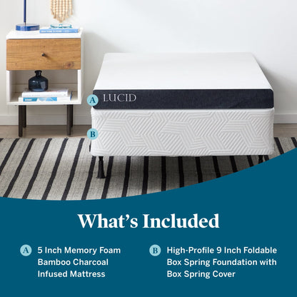 LUCID 5 Inch Memory Foam Bamboo Charcoal Mattress and 9 Inch Steel Foldable Queen Box Spring Foundation with Center Support Bolts and Cover