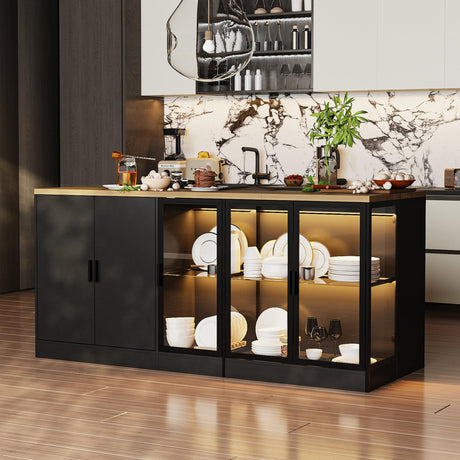 AGOTENI 77.6" W Large Kitchen Island with Storage & 3-Color Light, Island Table with Glass Doors, Adjustable Shelf and Drawers for Kitchen Dining Room, Black & Brown Wood Grain AGOTENI