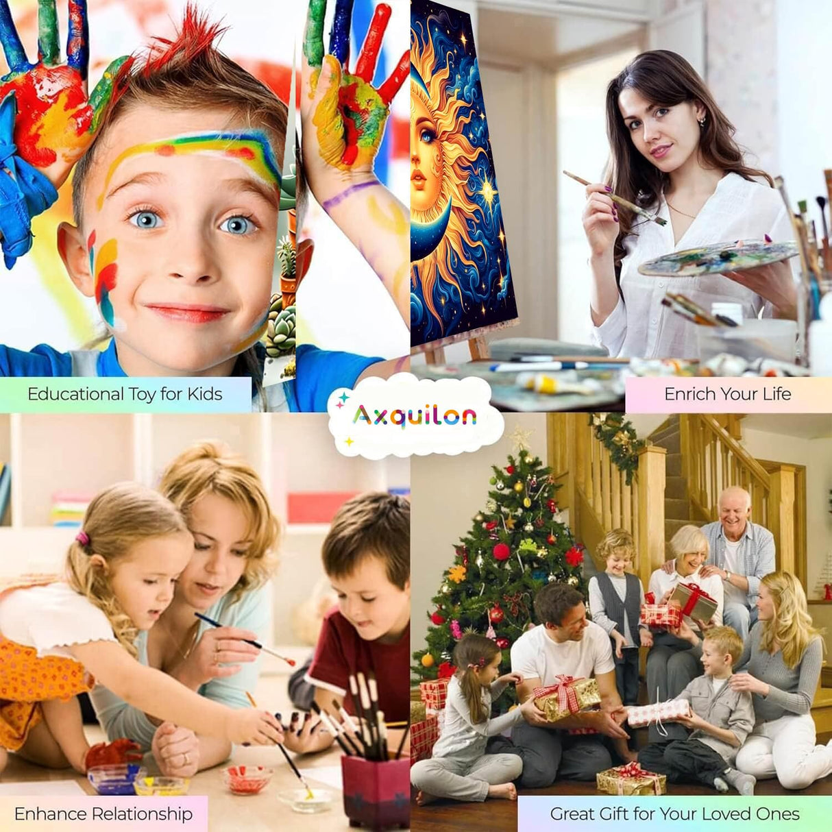 Axquilon Paint by Numbers Kit for Adults Beginner-Sun and Moon Adult Paint by Number Kits on Canvas, Easy Adults' Paint-by-Number Kits Oil Painting Craft Supplies for Gift Home Wall Decor 16x16in Axquilon