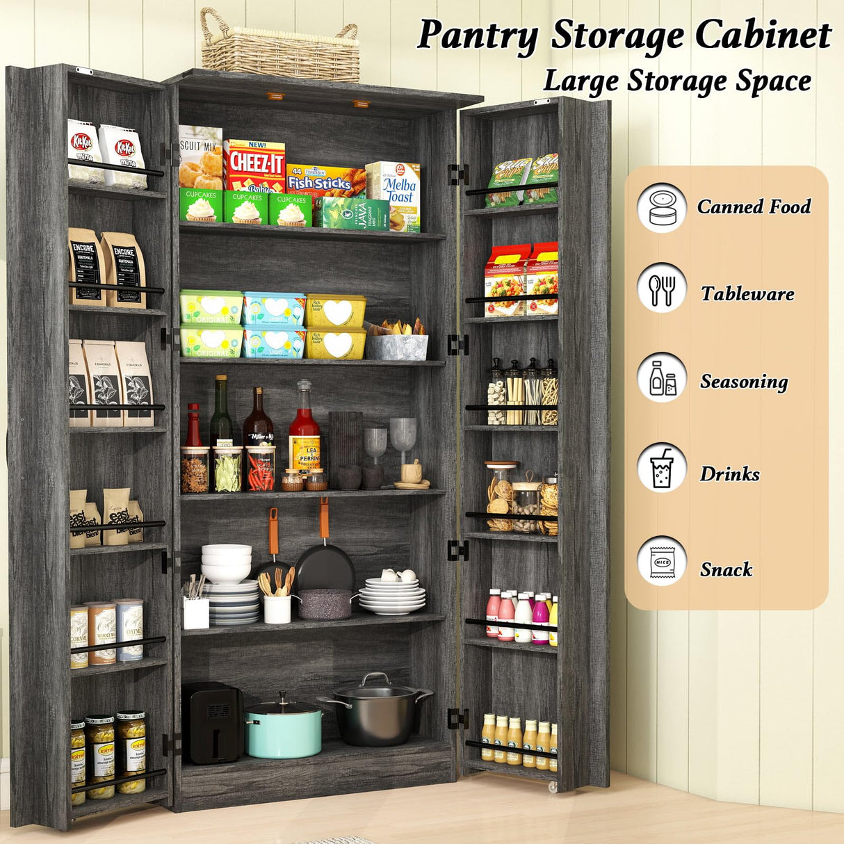 Vrmuxita Tall Kitchen Pantry Cabinet: Food Pantry Cabinets for Kitchen Storage, Grey Wood Storage Cabinet with 2 Doors, Farmhouse Cabinets with Freestanding Cupboard (Grey) Vrmuxita