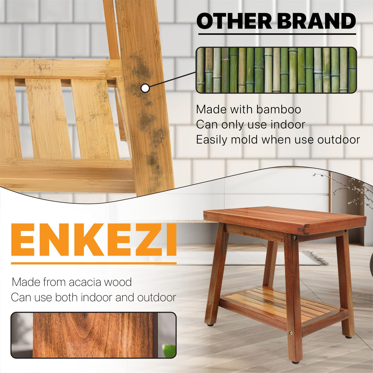 ENKEZI Shower Stool Bench Chair Waterproof with Storage Shelf for Shaving Legs, Spa, Bath Seat, Inside Shower Bench for Adults Seniors Elderly, Outdoor Side Table, Patio, Pool, End Table (16 Inches) ENKEZI