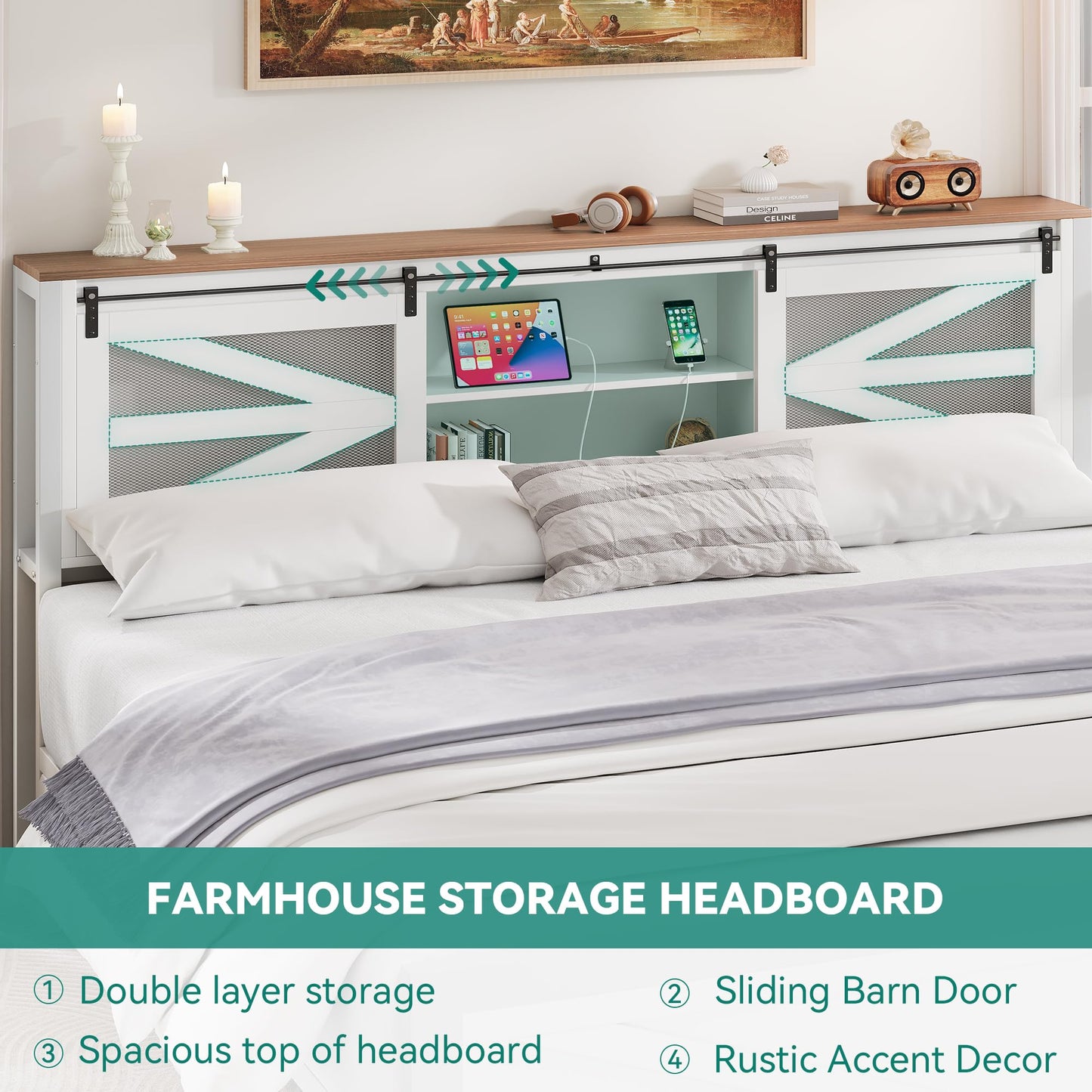 YITAHOME Farmhouse Queen Size Bed Frame with Headboard, Bookcase Storage Shelves, Sliding Grid Barn Door, Charging Station, Rustic Wood Platform Bed, No Box Spring Needed, White - WoodArtSupply