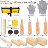 DenniesCare Wood Carving Kit Wood Whittling Kit for beginners 20pcs Wood Carving Tools with 4pcs carving knife, Basswood Wood Blocks, Gloves, Storage Bag, Frosted Sponge, Gifts Set DenniesCare