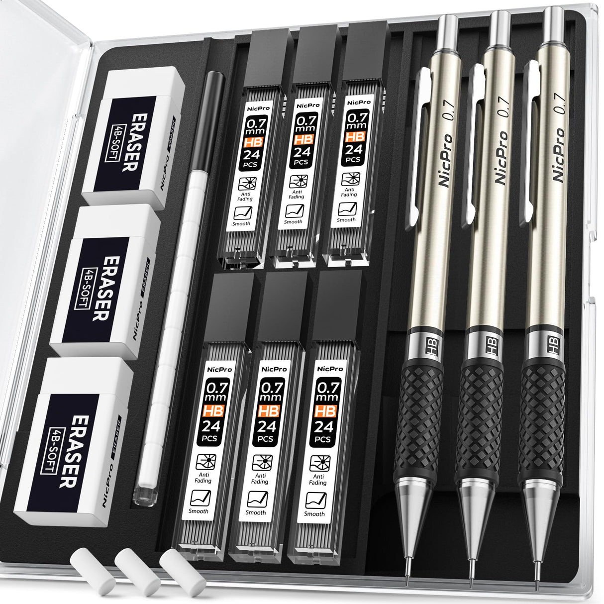 Nicpro 0.7 mm Art Mechanical Pencil Set in Storage Case, 3 PCS Metal Drafting Pencil Lead Pencil with 6 Tube HB Lead Refills, 3 Erasers, 9 PCS Eraser Refills for Artist Writing, Drawing, Sketching Nicpro