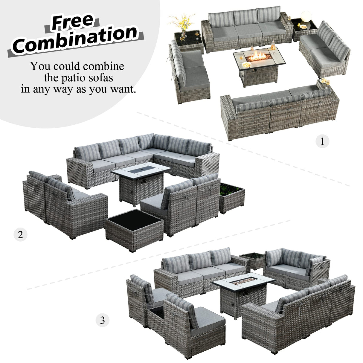 HOOOWOOO Outdoor Patio Sectional Furniture Sofa Set with Propane Fire Pit Table,13 Piece Large Modern Wicker Couch with Widened Armrest,Modular L Shaped Conversation Seating Set(Grey Strip) HOOOWOOO