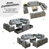 HOOOWOOO Outdoor Patio Sectional Furniture Sofa Set with Propane Fire Pit Table,13 Piece Large Modern Wicker Couch with Widened Armrest,Modular L Shaped Conversation Seating Set(Grey Strip) HOOOWOOO
